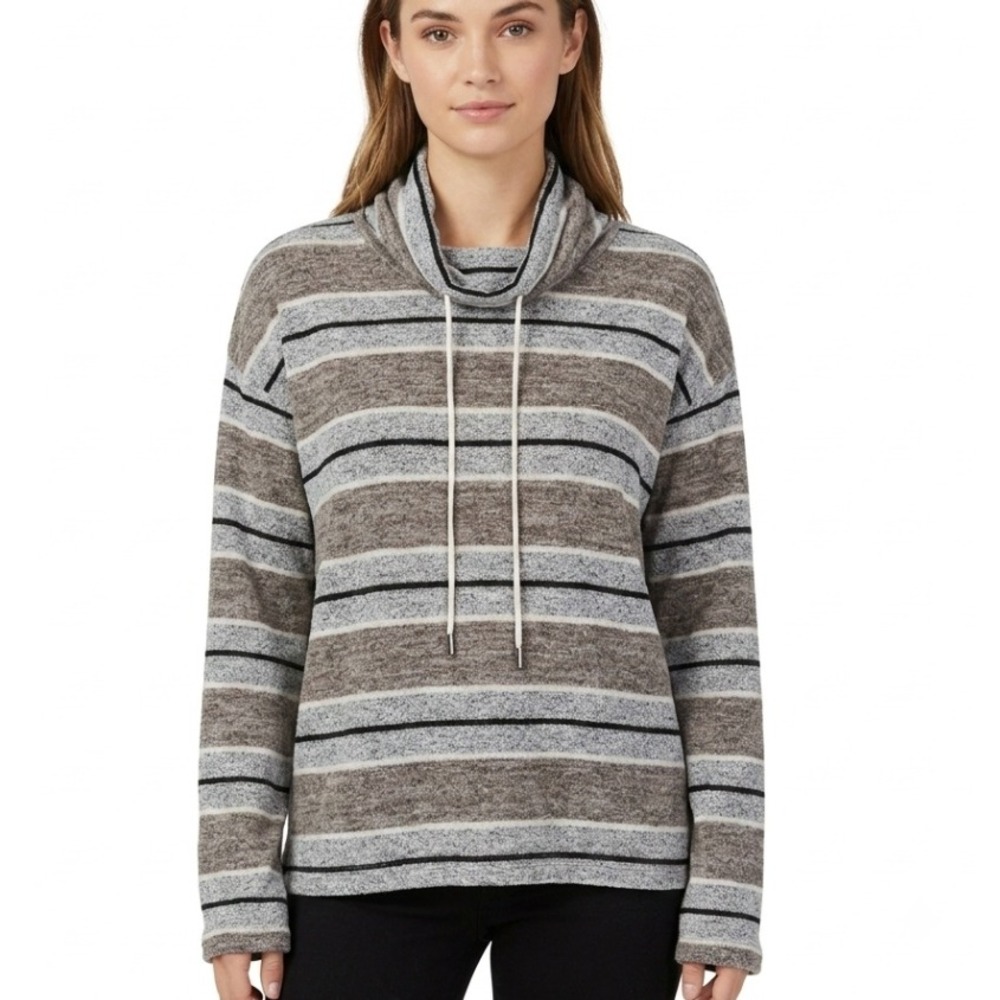 BKE Pullover Top Womens Medium Brown Striped Cowl Neck Drawstring Casual‎ Style